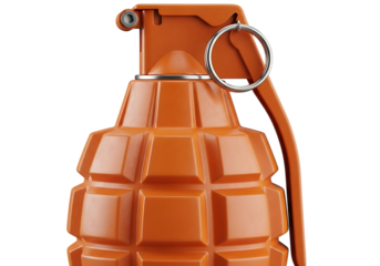 Close up of an orange training hand grenade with a safety pin and lever isolated on transparent background