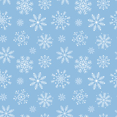 Seamless pattern with white snowflakes on blue background. Elegant winter background for Christmas and New Year wrapping paper, greeting cards, textile, and festive decoration. Vector design.