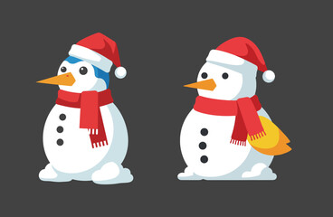 Two cartoon snowmen wearing red Santa hats and scarves, one resembling a penguin, on a dark background.