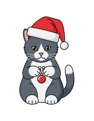 Cute gray and white cat wearing a Santa hat holding a red Christmas ornament.