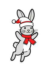 Cute cartoon grey rabbit wearing a festive Santa hat and red scarf, celebrating winter holidays with a cheerful pose.