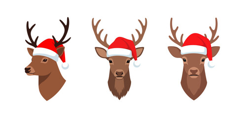 Three cartoon reindeer heads wearing Santa hats, isolated on a white background.