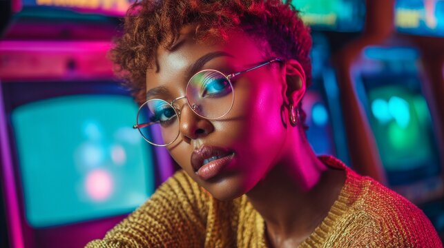 Stylish woman in retro arcade illuminated by neon lights playing games