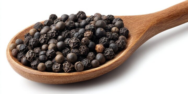 Black peppercorns in wooden spoon, spicy ingredient, aromatic spice