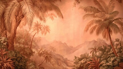 Retro tropic landscape with palm trees wallpaper mural background