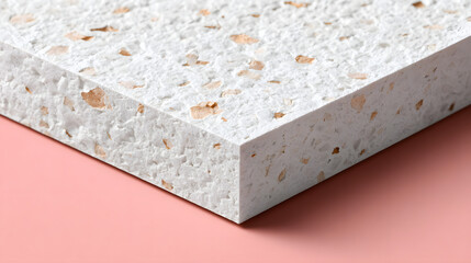 Minimalist terrazzo slab closeup texture white composite surface speckled aggregate recycled material eco design modern interior architectural detail warm chips pink background