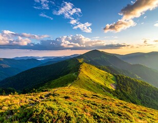 Sunny mountain range at sunset, with clouds and blue sky