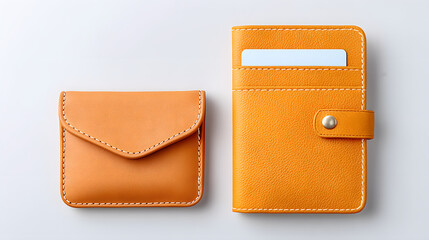 Orange leather wallet card holder snap closure minimalist design premium material stitched edge small accessory pocket size front pocket studio lighting blend modern elegance with practical