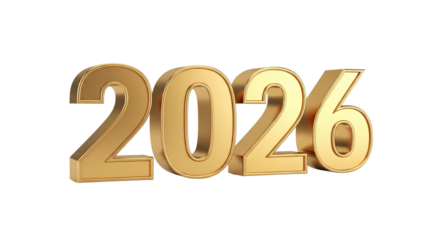 Elegant 3D golden numbers for the year 2026. A luxurious, metallic text isolated on a white background. Perfect for Happy New Year greetings and celebrations.