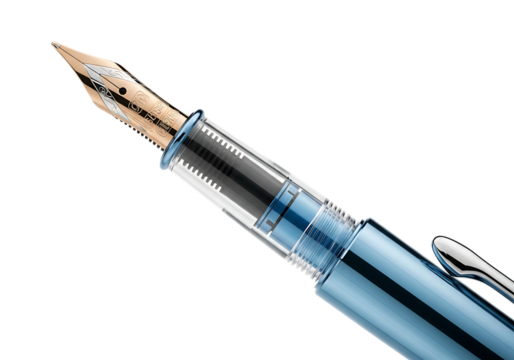 Close up detail of a classic gold nib fountain pen with a transparent blue barrel isolated on transparent background