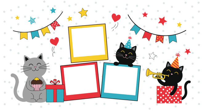 Cute cartoon cats celebrating a birthday party with colorful decorations, gifts, a cupcake, and blank photo frames on a white background with polka dots.