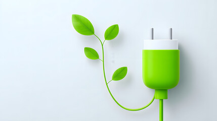 Green plug eco energy sustainability renewable power green technology clean electricity minimal design white background leaf vine environmental concept. Green plug with leaf vine white background
