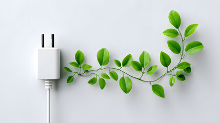 Green energy eco power sustainable charging renewable concept white background minimal design plug adapter electric cable fresh leaf clean technology Harmonious vine of green energy, eco power