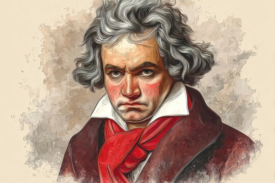 Beethoven Illustration. Colored Portrait of the Famous Composer in Vienna Concert