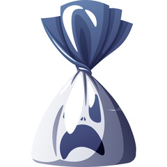 Blue And White Candy Wrapper Tied At The Top With A Glossy Reflective Surface And A Distorted Shape Suggesting A Sweet Treat Inside Illuminated With Soft Light Against A White Background