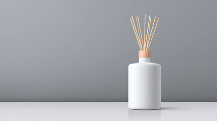 Minimal diffuser bottle white ceramic reed sticks neutral gray background modern decor clean design soft light copy space Scandinavian style spa aroma