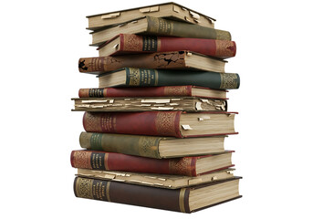 A tall stack of old leather bound books with gold embossing isolated on transparent background