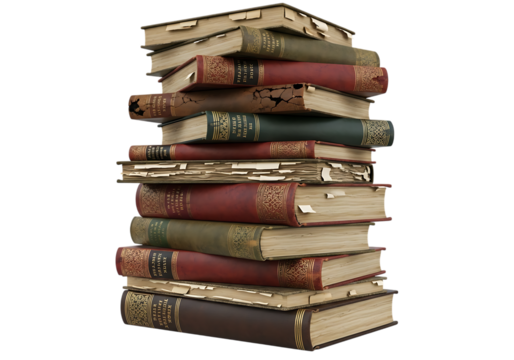 A tall stack of old leather bound books with gold embossing isolated on transparent background - Powered by Adobe