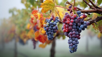 Vineyard vista: Bunches of grapes hang heavy on the vine, a colorful tapestry of autumn leaves adding to the scenic beauty of the vineyard setting in the countryside.