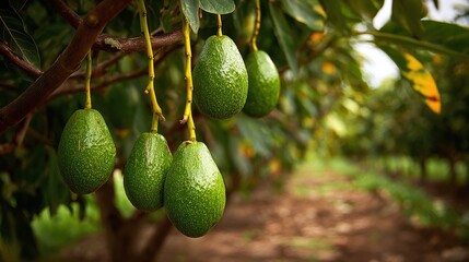 Lush avocado grove in full harvest. See the vibrant green fruits hanging from branches, a testament to nature's bounty and healthy eating. Focus on fresh, natural produce.