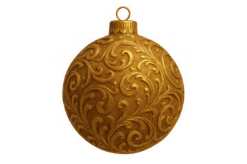 Gold christmas ornament featuring intricate filigree pattern, elegant festive decoration, transparent background
