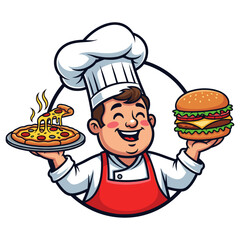 A chef with burger and pizza on hand, Restaurant emblem, Fast food icon logo flat vector design