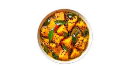 A vibrant bowl of South Indian pumpkin curry with fresh curry leaves and toasted mustard seeds served in a white bowl and viewed from above