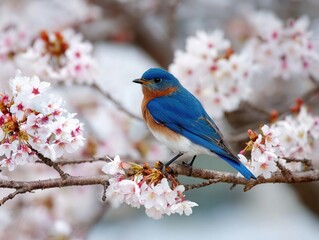 Bluebird perched on cherry blossom branch in springtime