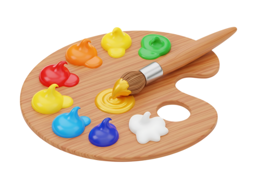 Wooden artist s paint palette with colorful blobs of paint and a brush isolated on transparent background