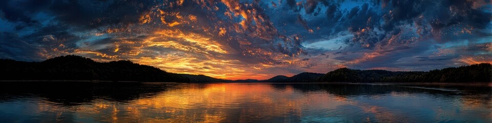 Fototapeta premium Brilliant Sunset on Cumberland River in Tennessee. A Serene Nature Background