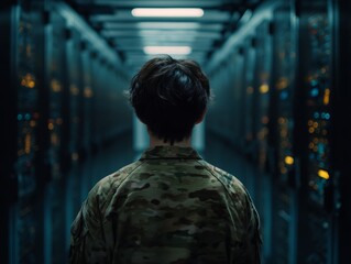 Soldier in Data Center Supervising Cybersecurity and Infrastructure Security