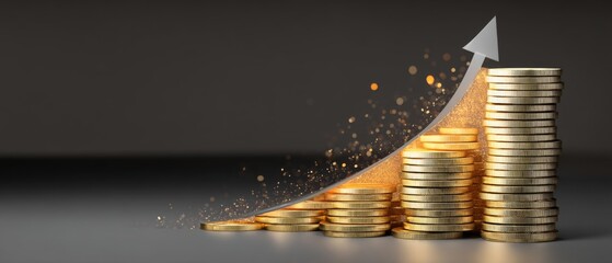Gold Coins Stacked Increasing Height with Upward Arrow Financial Growth