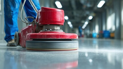 Floor Maintenance in Progress: A worker uses a floor cleaning machine to maintain and polish the floor. Shiny and clean floor with the reflection of the machine