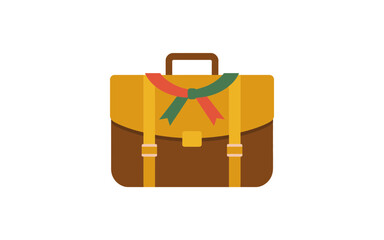 A vintage brown leather satchel or briefcase adorned with a colorful ribbon symbolizing education and travel