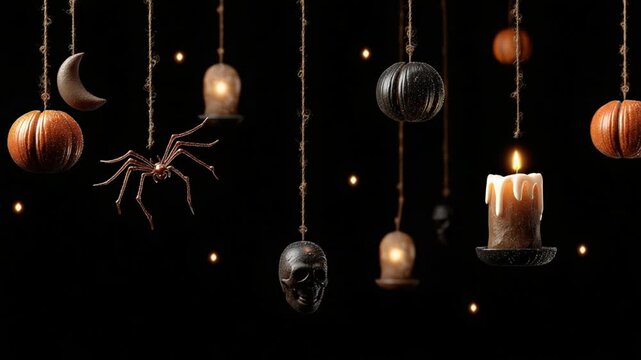 Hanging halloween decorations pumpkins spider candle on black background - Powered by Adobe