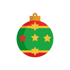 Christmas ornament vector icon flat design style isolated on white background. festive seasonal round bauble decoration green and red color with yellow star pattern.