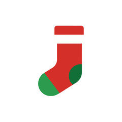 Minimalist flat design vector icon of a red and green christmas stocking boot sock illustration graphic element, isolated on a clean white background.