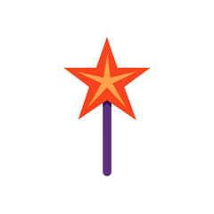 Simple flat design vector illustration of a cartoon magic wand with a bright orange star tip and purple handle, representing wishes, spells, fantasy, and performance.