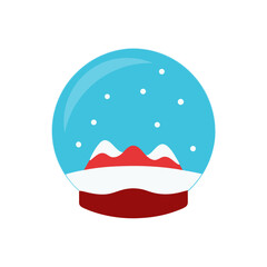 Flat design vector illustration of a festive christmas and winter holiday snow globe with a red mountain and falling snow flakes, featuring white snow drifts and a red base isolated.