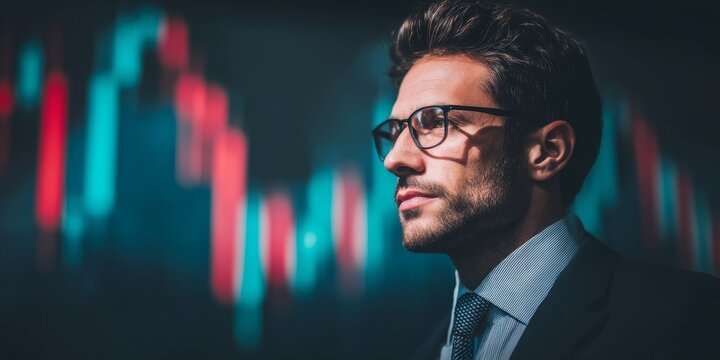 Confident stock market analyst with chart display, investment strategy