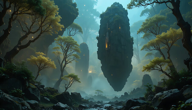 Enchanted Forest Landscape with Massive Floating Rock Megaliths in Ethereal Mist