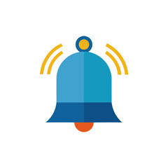 Blue ringing notification bell icon in flat design style signaling alert or alarm, isolated graphic element used for web and mobile applications interface design.