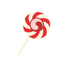 Red and white striped lollipop swirling round candy sweet dessert treat on a stick isolated vector icon illustration graphic design element for sugar craving concept.