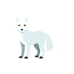 Stylized flat design vector illustration of an arctic fox (a polar mammal) standing and looking forward, featuring light blue and gray tones, a simple graphic element isolated on white.