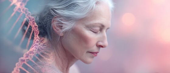 Senior woman with dna strand, aging, health and science, genetic research