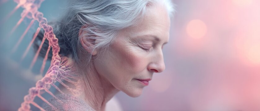 Senior woman with dna strand, aging, health and science, genetic research