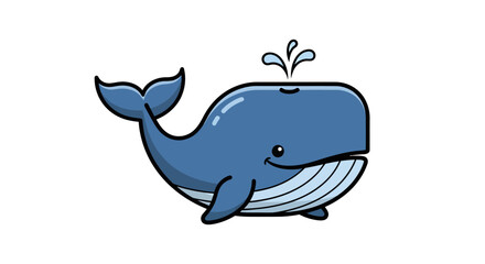 A cheerful blue cartoon whale smiles warmly while spouting a small splash of water, depicted in a simple and cute vector illustration style isolated on a white background.