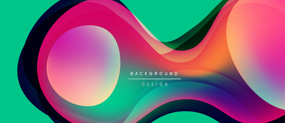 Abstract fluid shapes blend vibrant colors. Dynamic composition creates modern background design. Smooth gradients offer visual interest.
