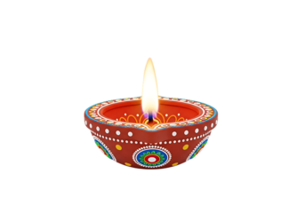 Traditional indian diya oil lamp with a bright flame burning isolated on transparent background