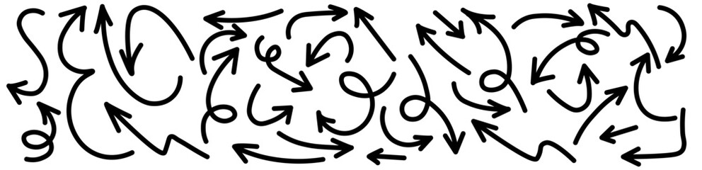 Collection of various black arrows in different directions and styles, including curved, straight, and looped designs